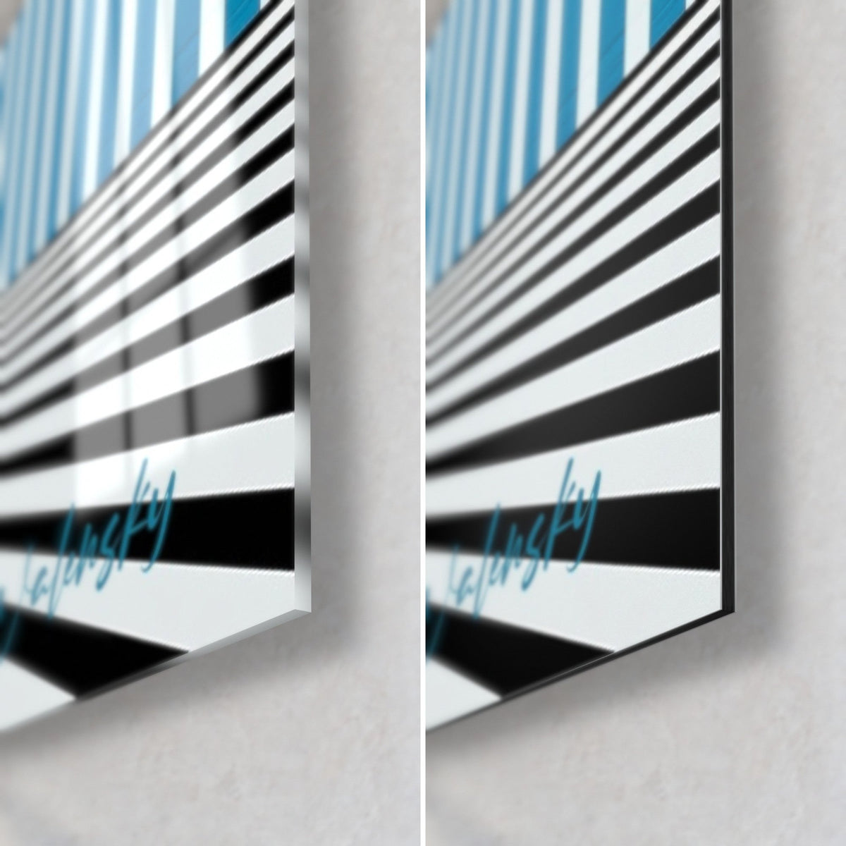 Gemälde mit blau-weiß gestreiftem Haus, untere rechte Ecke: glänzendes Acrylglas mit Reflexen, mattes schwarzes Dibond, 3 mm Kante