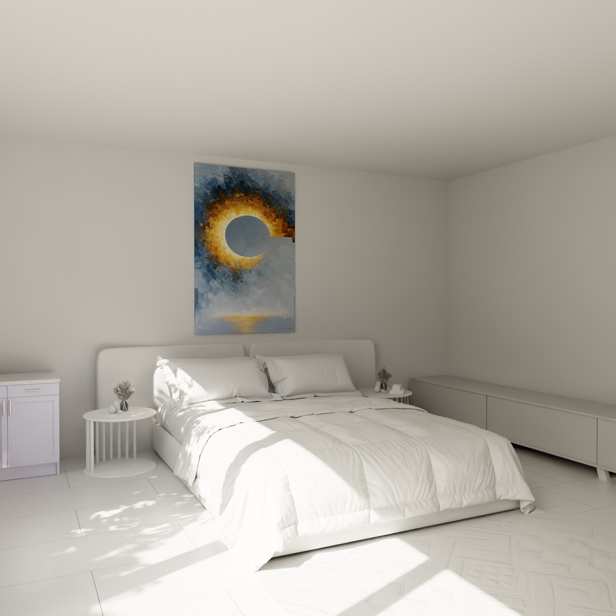 Halo doré et bleu ardoise de cette architecture abstraite au-dessus d'un lit dans une chambre claire