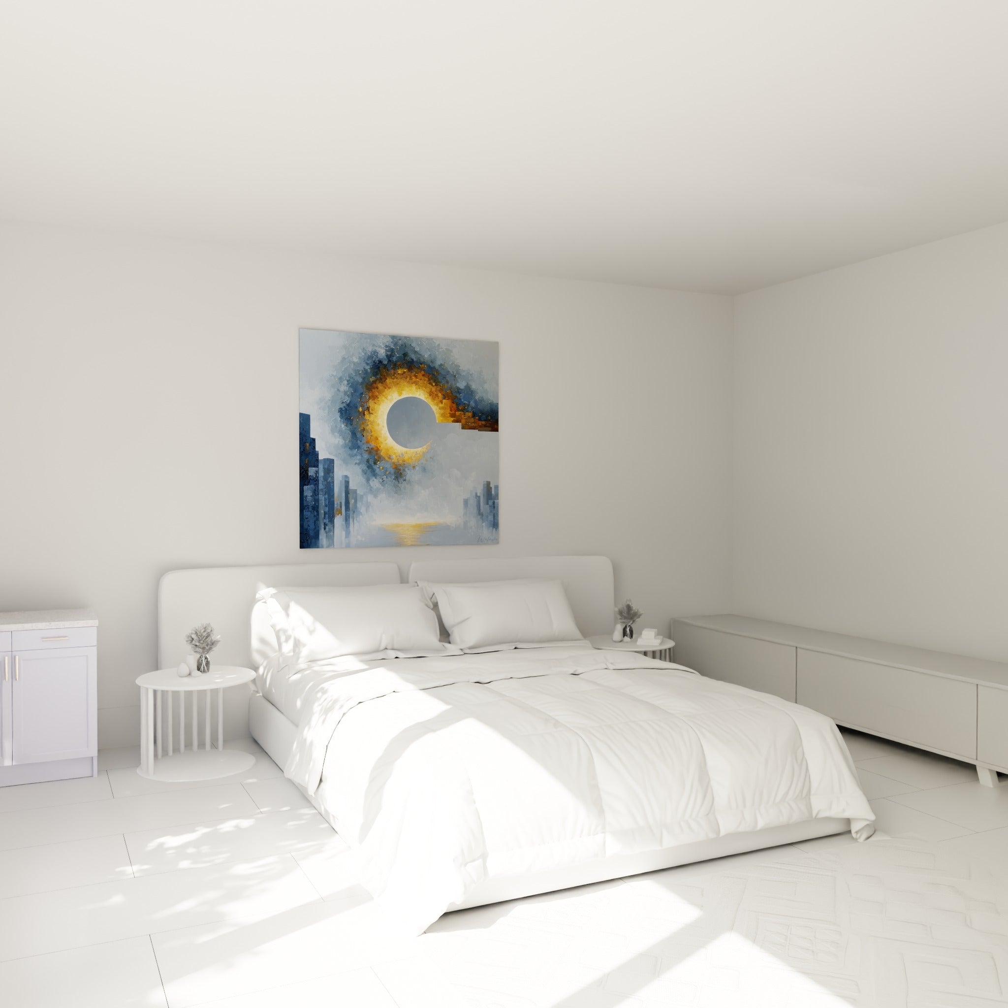 Halo doré et silhouettes urbaines bleu marine, architecture abstraite au-dessus d'un lit dans une chambre claire