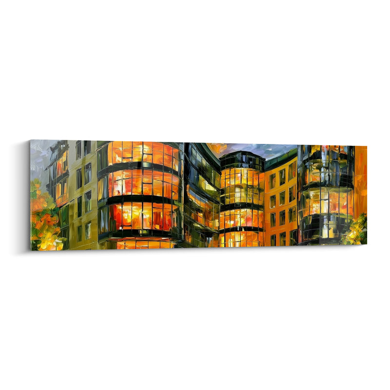 Curved Building Artwork in Orange and Black with Fiery Glazing - Illuminated Night Facades - Abstract Architecture Edition