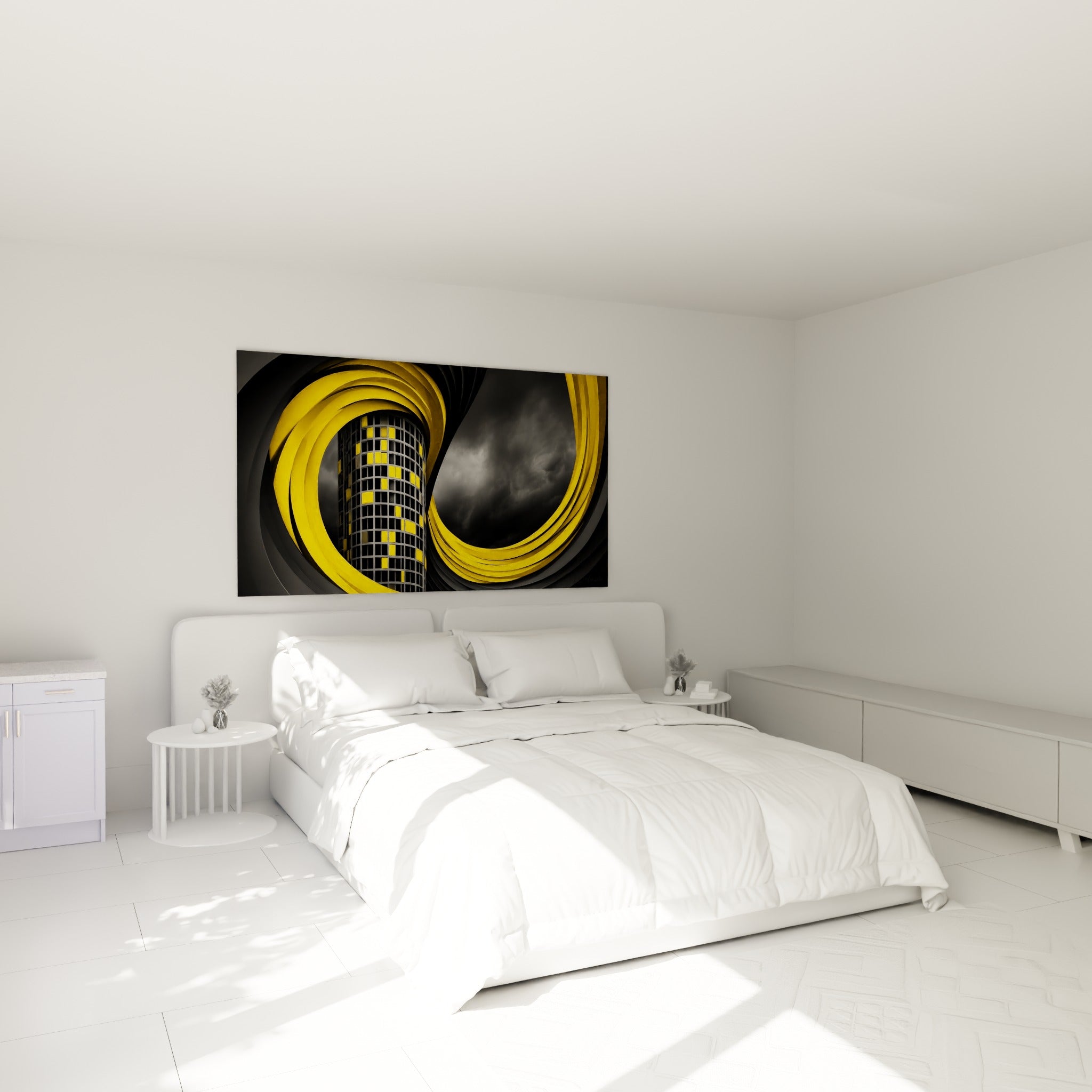 Gratte-ciel jaune vif et gris anthracite en spirale, tableau au-dessus d'un lit dans une chambre claire