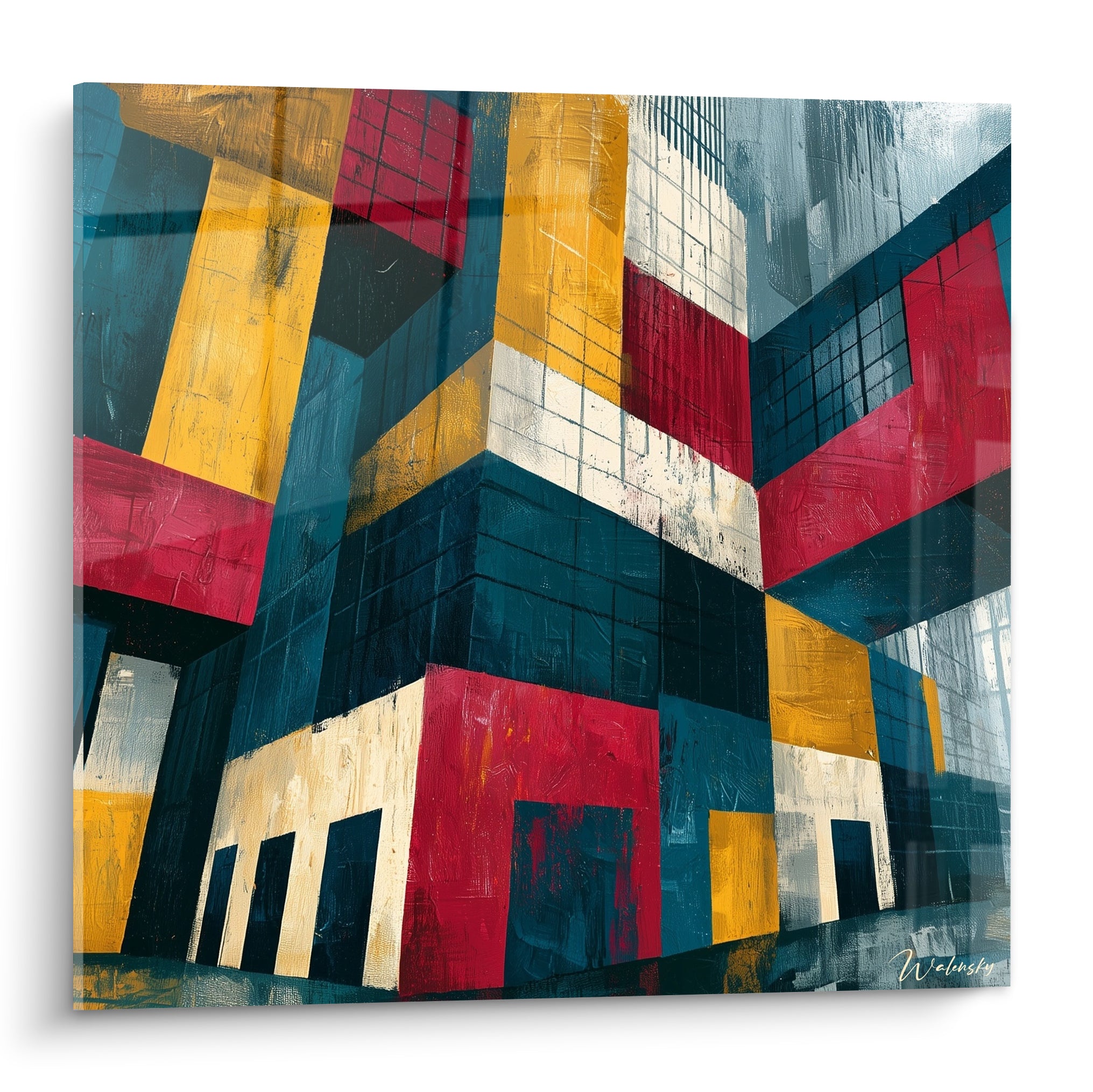 Immeuble en architecture abstraite aux blocs bleu marine, rouge carmin et ocre doré, vue en contre-plongée