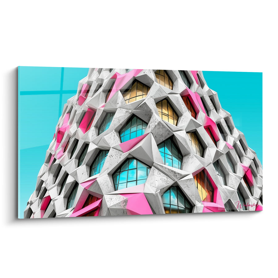 Tableau Immeuble blanc et rose aux facettes triangulaires - Alvéoles géométriques cristallines - Edition Architecture abstrait