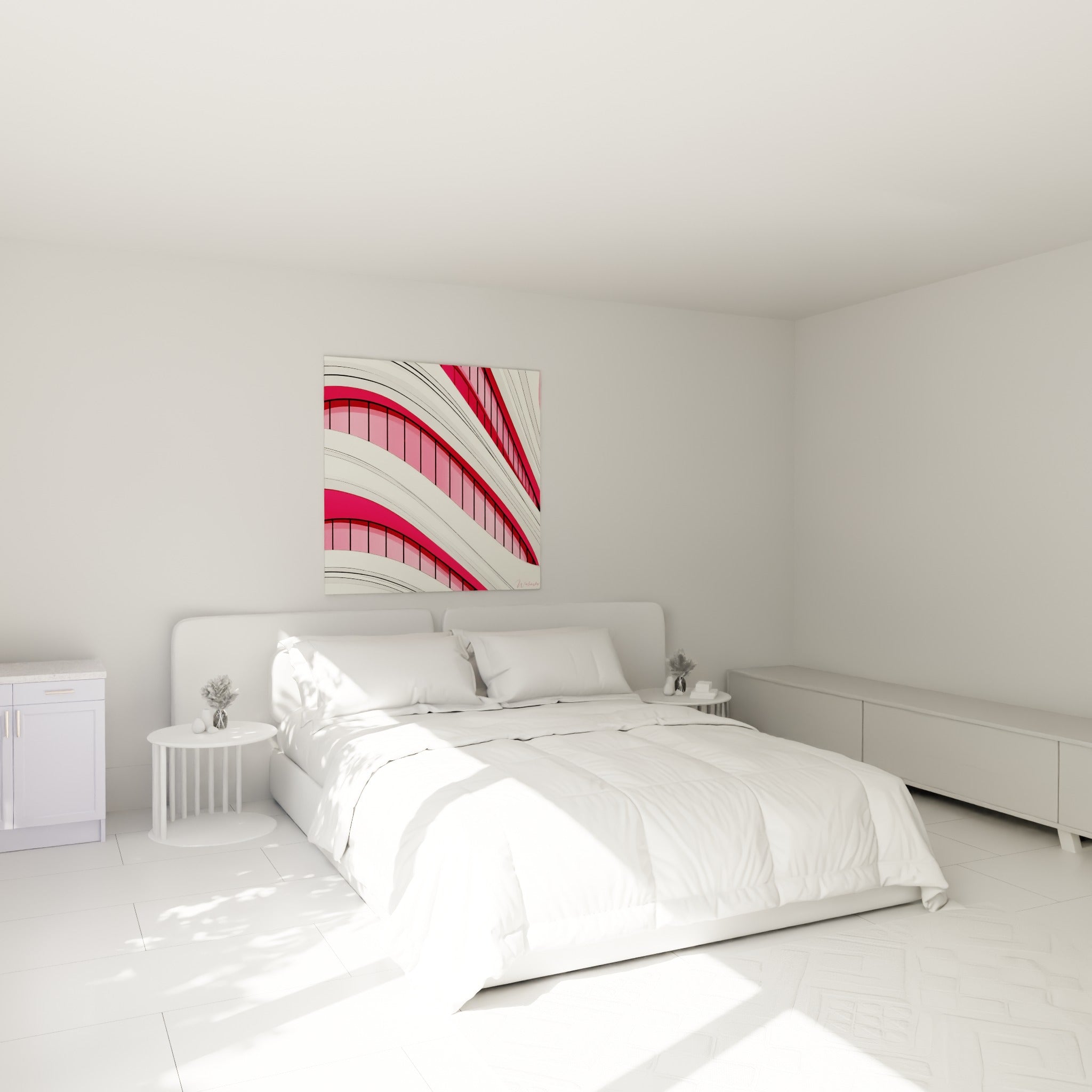 Immeuble ondulant aux teintes roses et blanches accroché au-dessus d'un lit dans une chambre claire