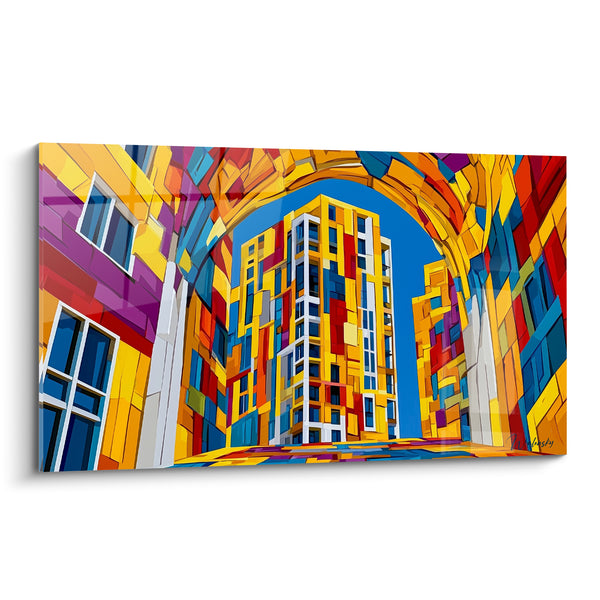 Cuadro Edificio Amarillo y Azul con Ventanas Geométricas - Vertigo Urbano - Edición Arquitectura Abstracta