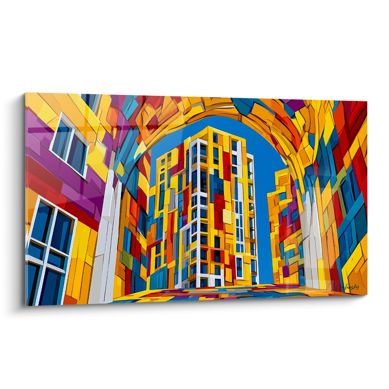 Gemälde Gelbes und Blaues Gebäude mit geometrischen Fenstern - Stadtisches Schwindelgefühl - Architektur-Edition Abstrakte Kunst