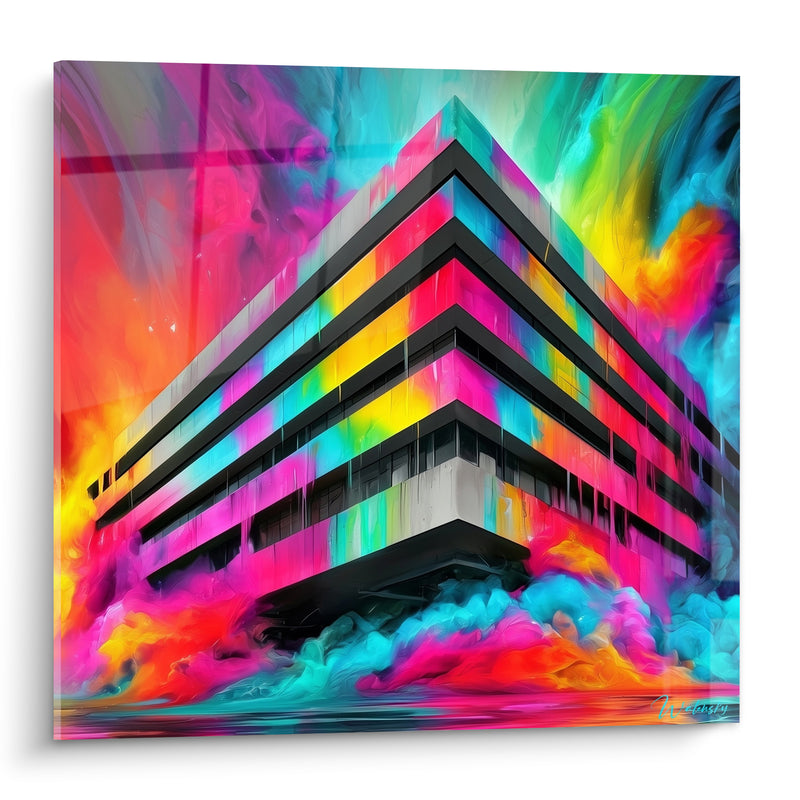 Gemälde Anthrazitgebäude mit Magenta- und Türkisverläufen - Farbexplosion - Architektur Edition Abstrakt