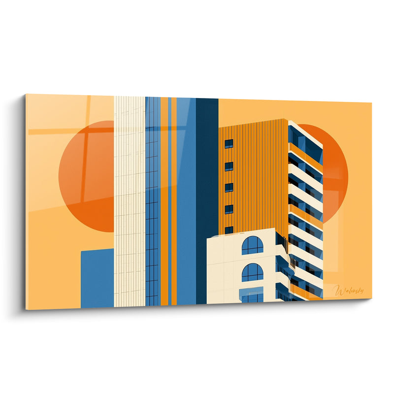 Gemälde Ockerfarbenes und Marineblaues Gebäude geometrisch - Sonnenstadt - Architektur Edition abstrakte Kunst