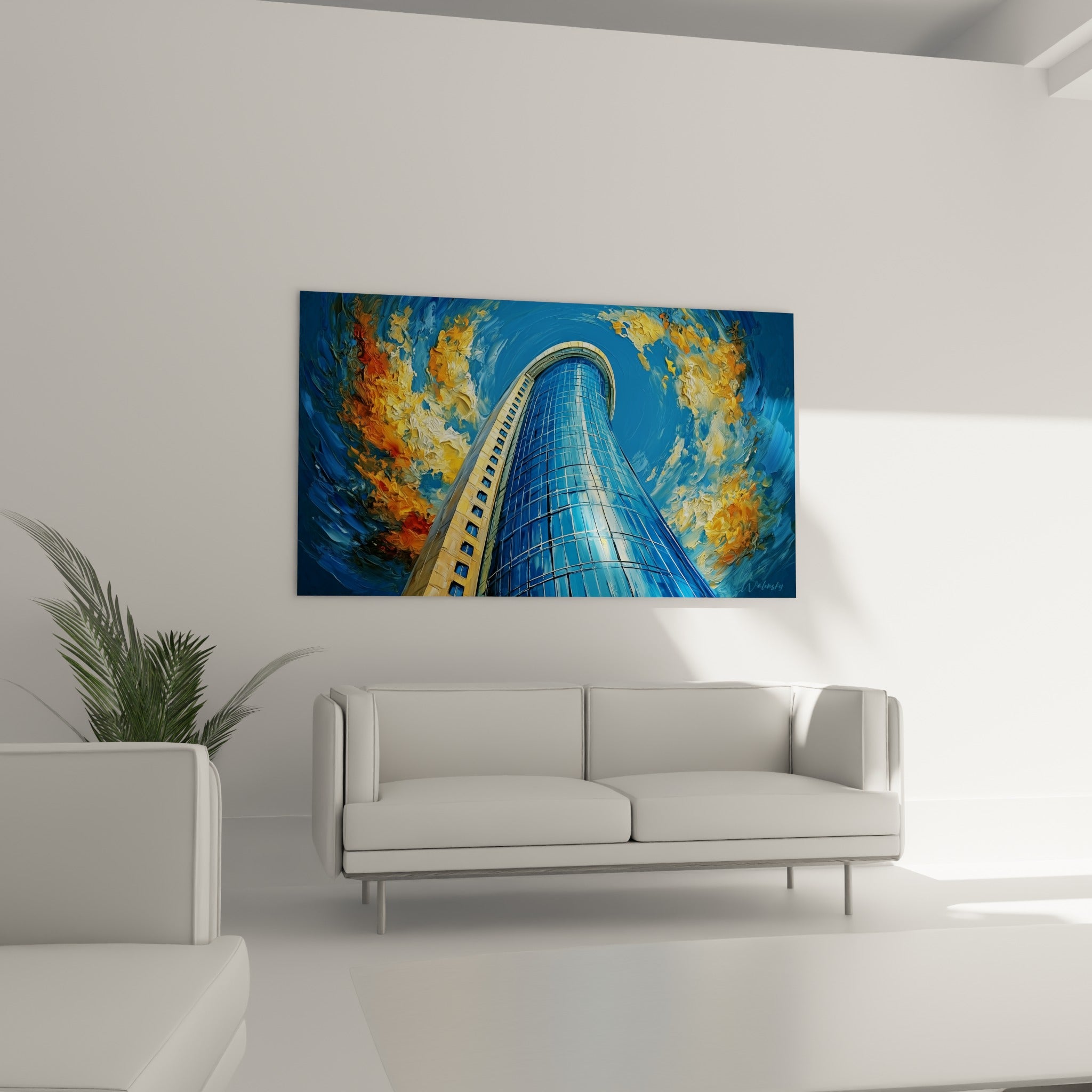 Édifice bleu profond aux fenêtres dorées jaillissant vers un ciel orangé, au-dessus d'un canapé dans un salon lumineux