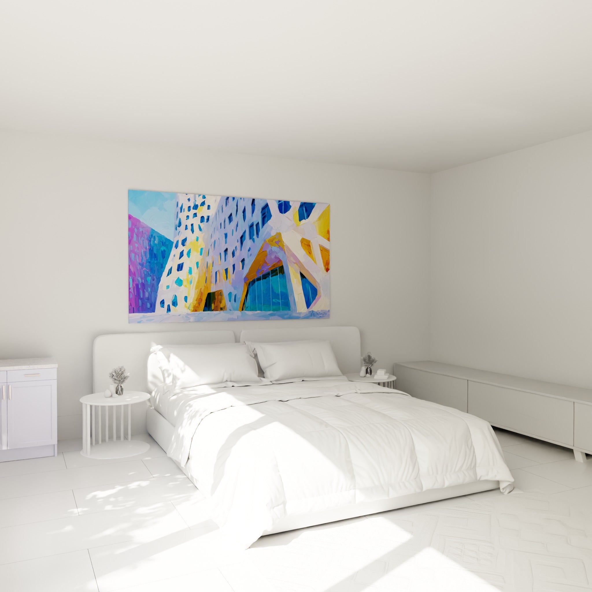 Immeuble aux courbes bleu ciel et dorées, empâtements visibles, accroché au-dessus d'un lit dans une chambre claire