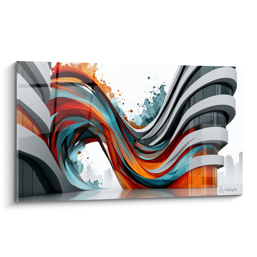 Tableau Immeuble incurvé turquoise et orange en tourbillon - Ruban chromatique enroulé - Edition Architecture abstrait