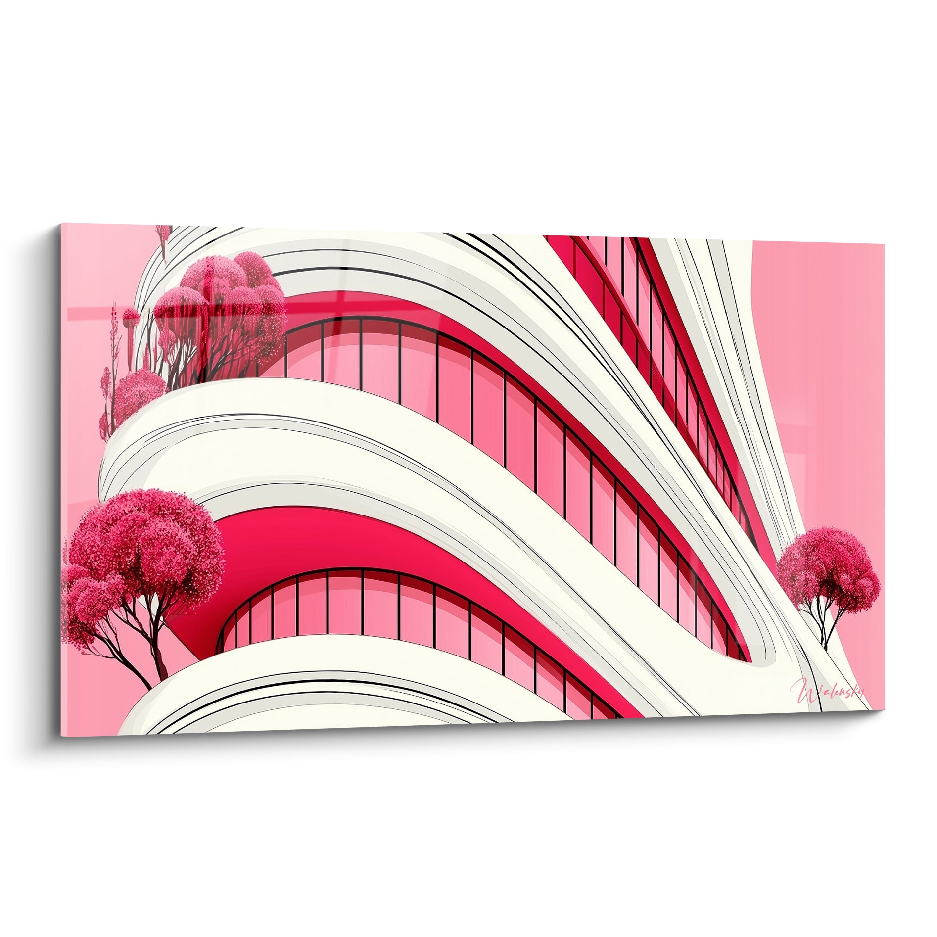 Immeuble ondulant rose fuchsia et blanc crème, arbres roses encadrant la façade architecturale