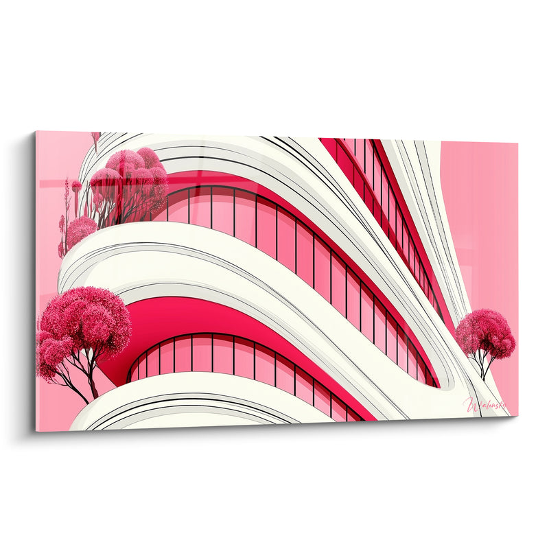 Tableau Balcons incurvés blanc et rose aux arbres fleuris - Terrasses en spirale - Edition Architecture abstrait