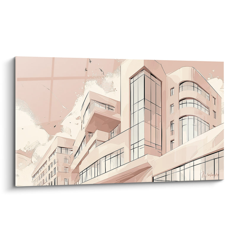Gemälde Rosa Gebäude mit gewölbten Fassaden - Städtische Ruhe - Architektur Edition Abstrakte Kunst