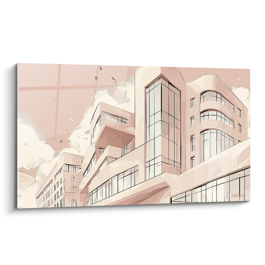 Tableau Immeuble rose poudré aux façades incurvées - Silence urbain - Edition Architecture abstrait