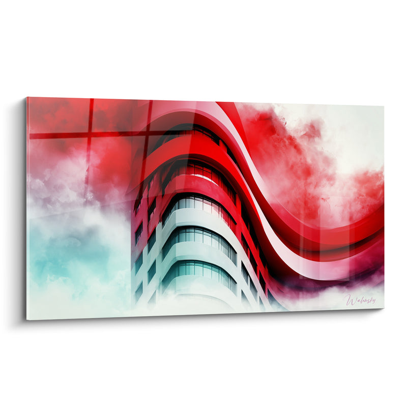Gemälde Gebogenes Gebäude rot und weiß mit gewelltem Band - Nebelartige türkisfarbene Decke - Architektur Edition Abstrakte Kunst
