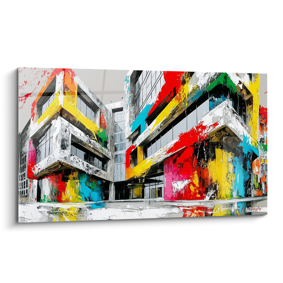 Gemälde Graues Gebäude mit roten und gelben Farbtupfern - Stadt-Ausbruch - Edition Architektur abstrakt