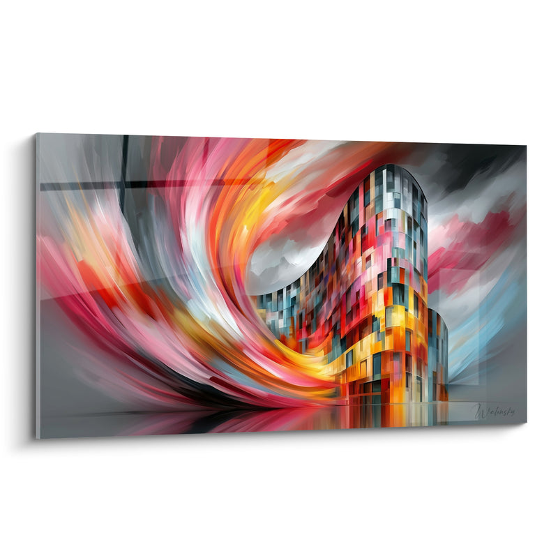 Gemälde Gebogenes Gebäude rot und gelb vom Wind verweht bemalt - Farbiger, wirbelnder Gemälde - Edition Abstrakte Architektur