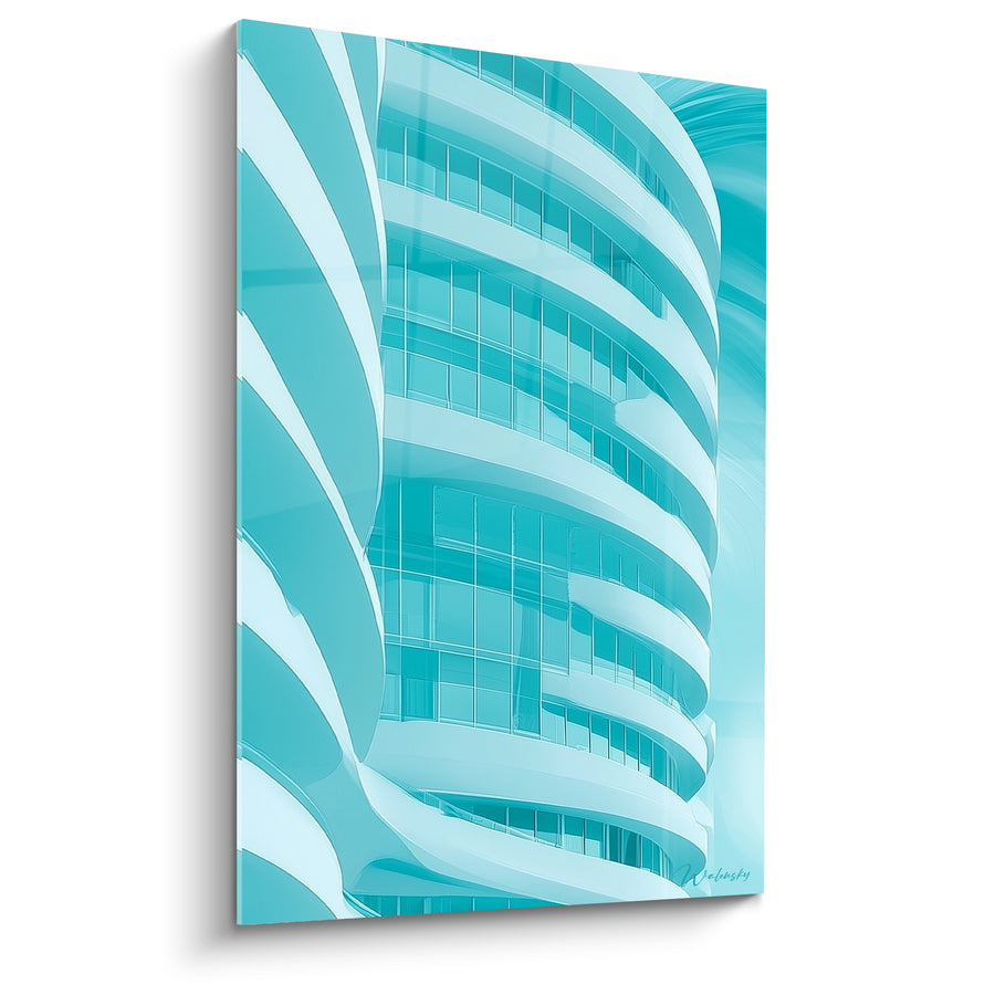 Gemälde Gebogenes Gebäude Türkis und Weiß mit gewellten Balkonen - Gefrorene monochrome Fassade - Architektur Edition Abstrakt