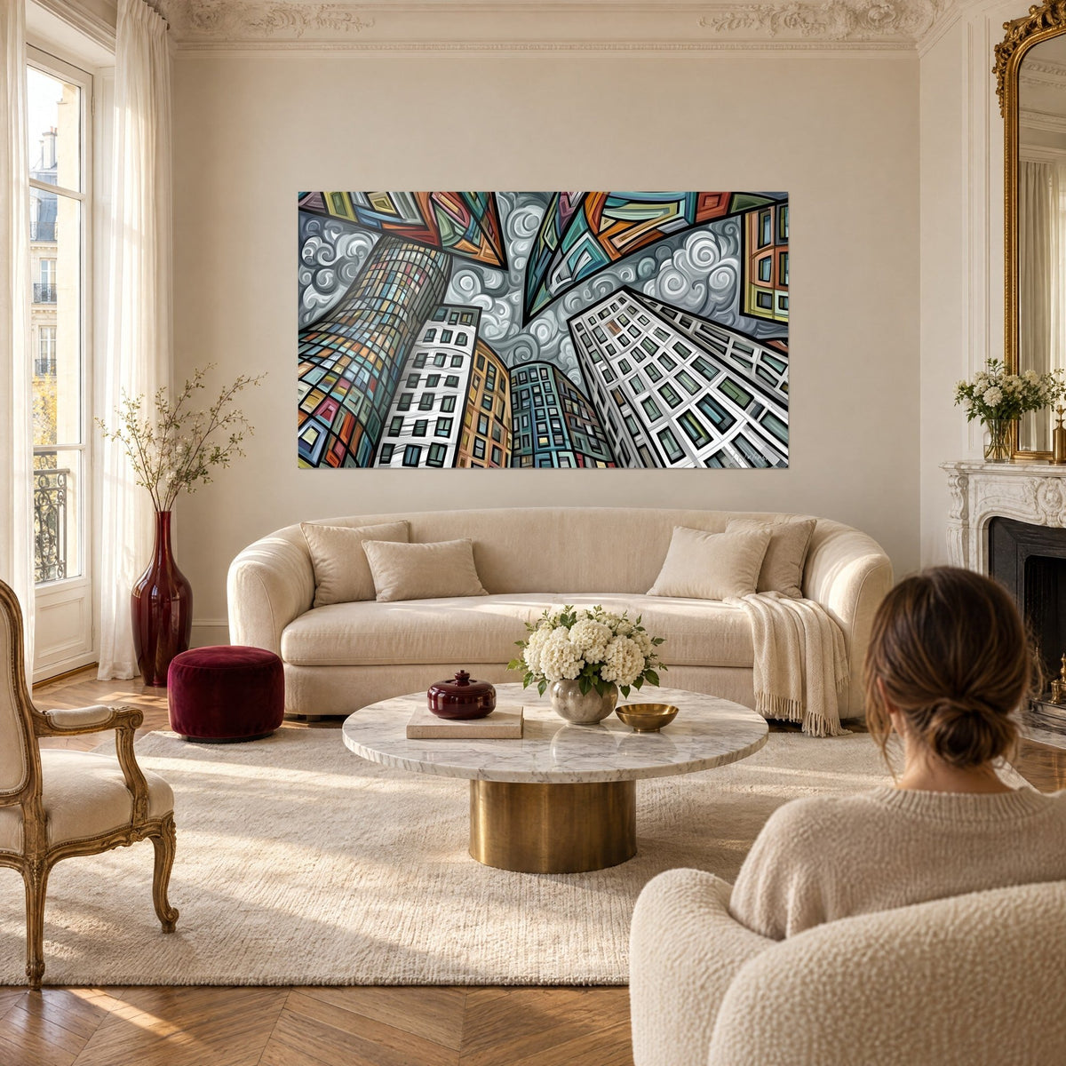 Tableau gratte-ciel cubistes vus en contre-plongée, gris et orange, nuages en spirales, au-dessus d'un canapé dans un salon lumineux