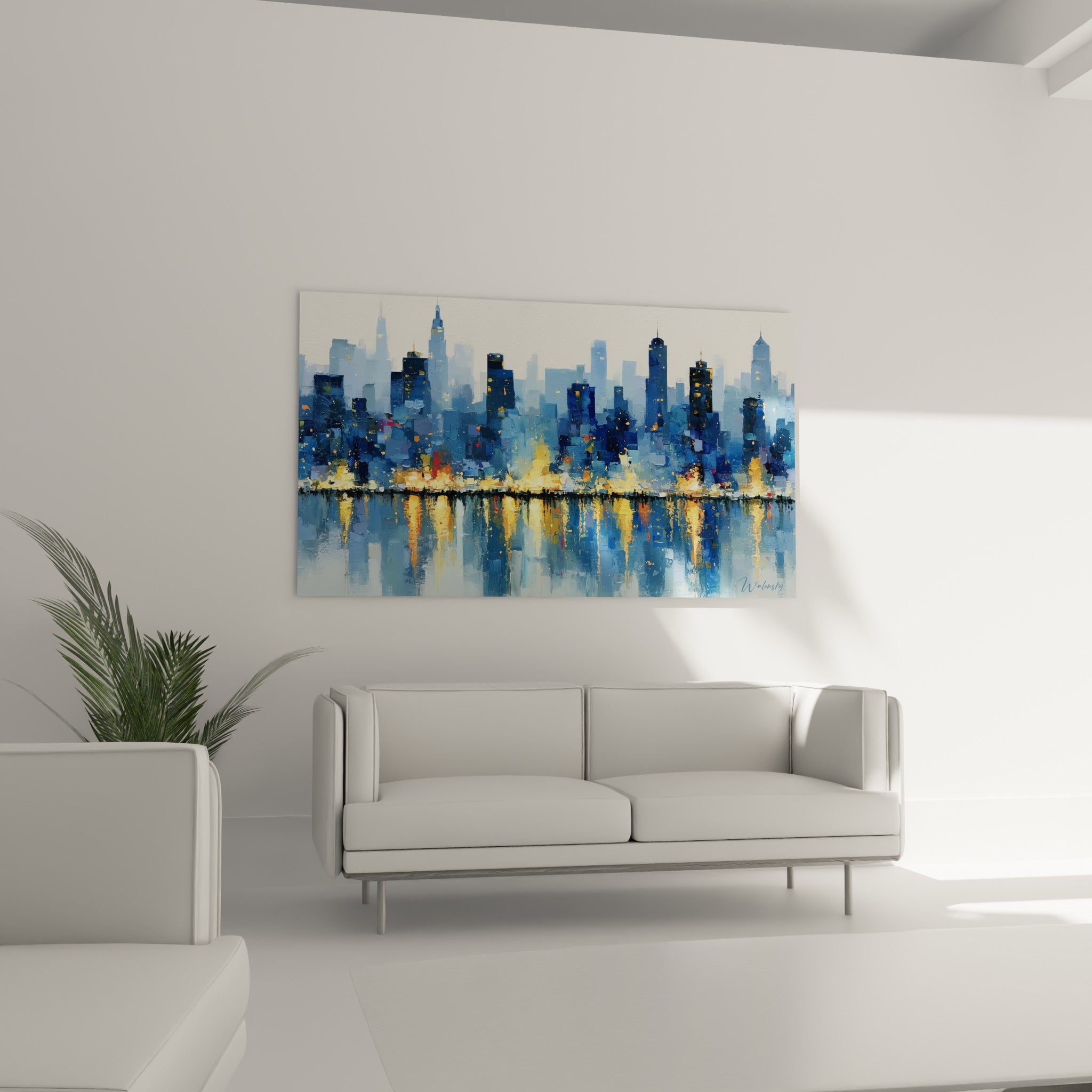 Gratte-ciel anthracite et reflets orangés peints en touches épaisses, tableau architecture abstraite au-dessus d'un canapé dans un salon lumineux