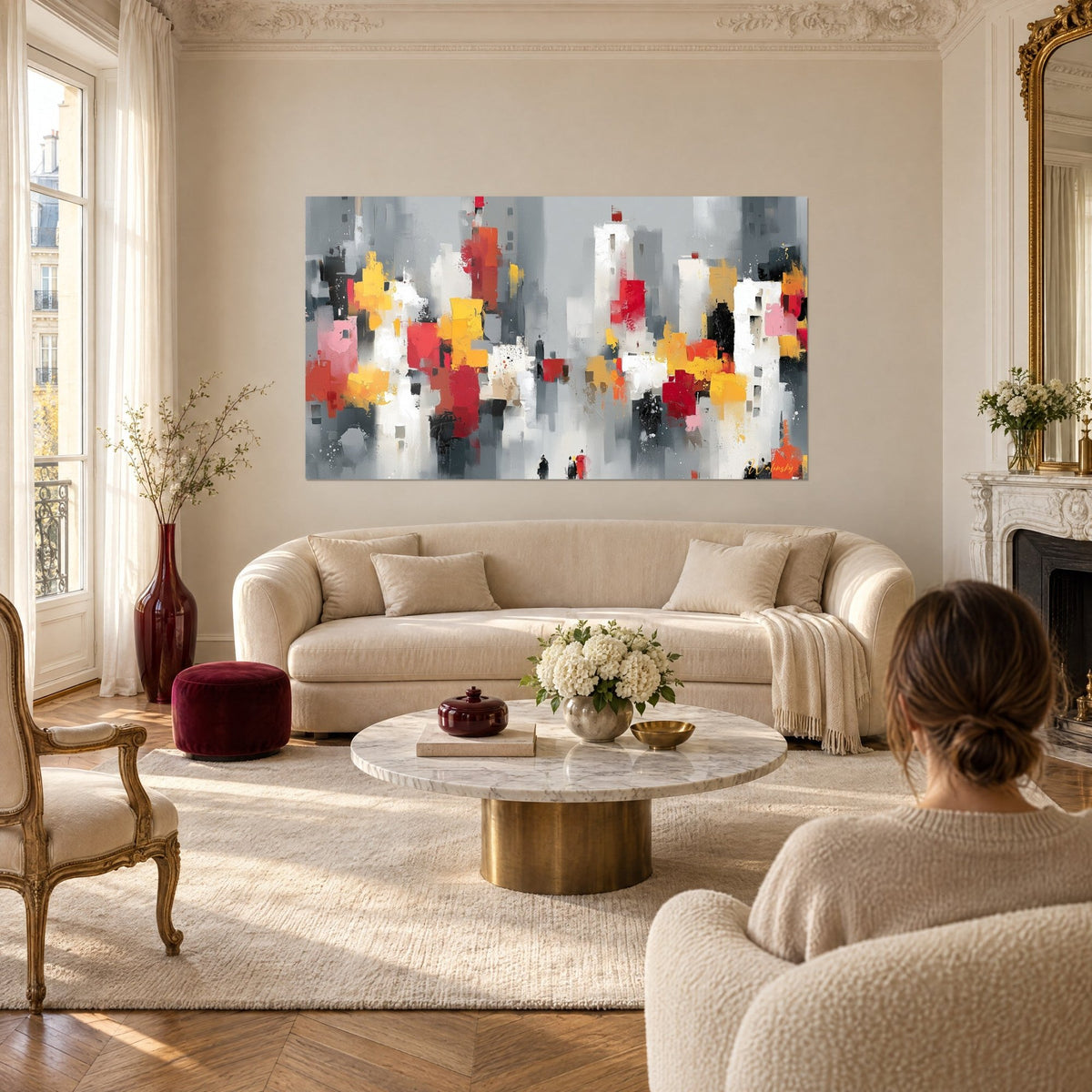 Tableau gratte-ciel gris perle aux aplats rouges et jaunes, silhouettes minuscules en bas, au-dessus d'un canapé dans un salon lumineux