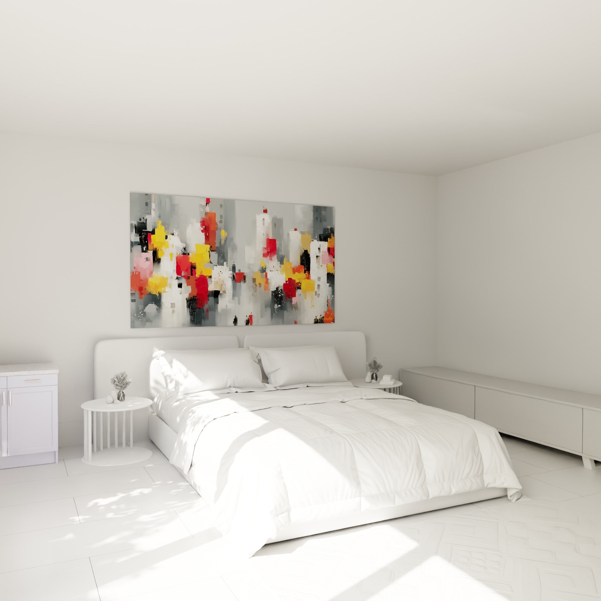Blocs dorés et rouges d'une ville stylisée accrochés au-dessus d'un lit dans une chambre claire