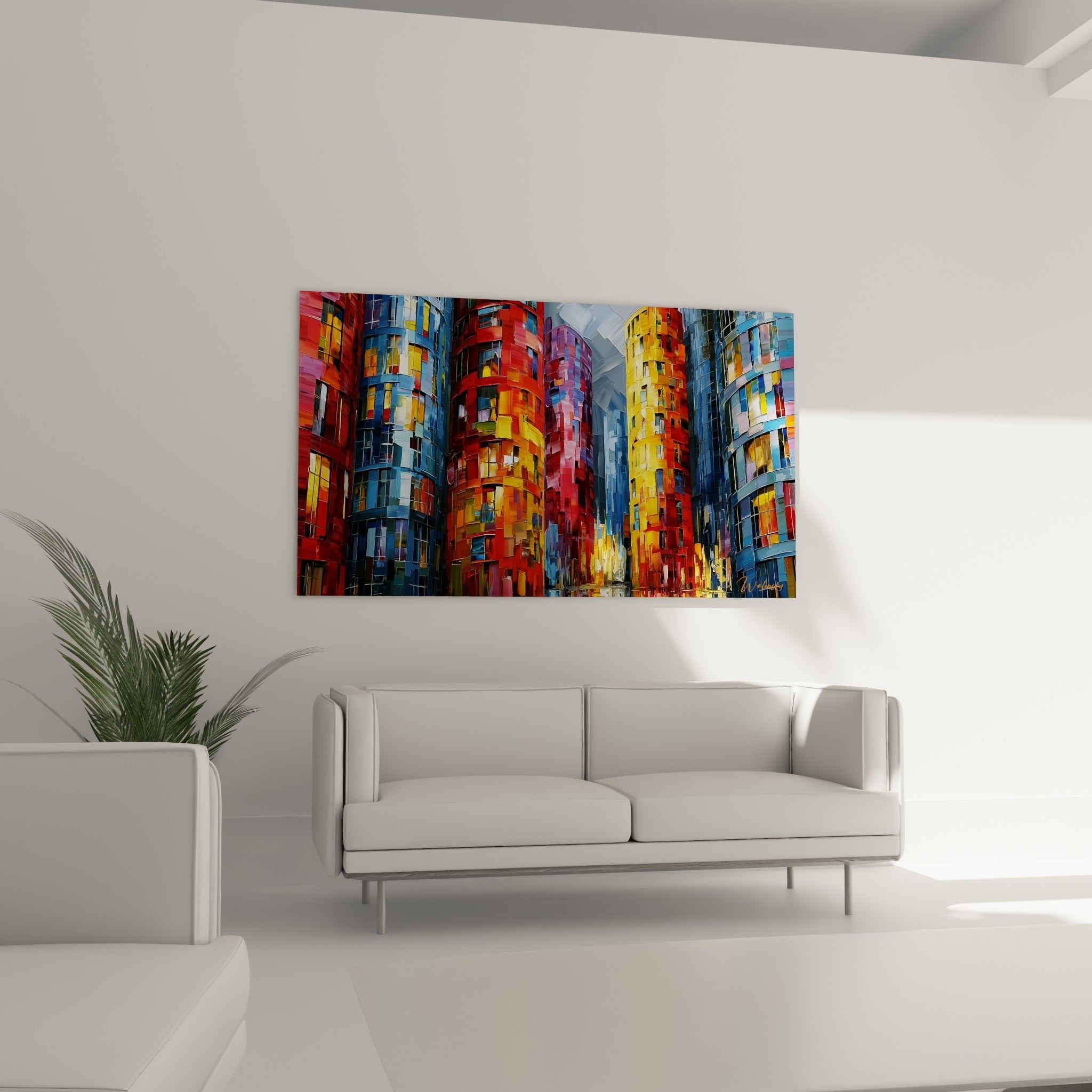 Façades dorées et pourpres du tableau architecture abstraite au-dessus d'un canapé dans un salon lumineux