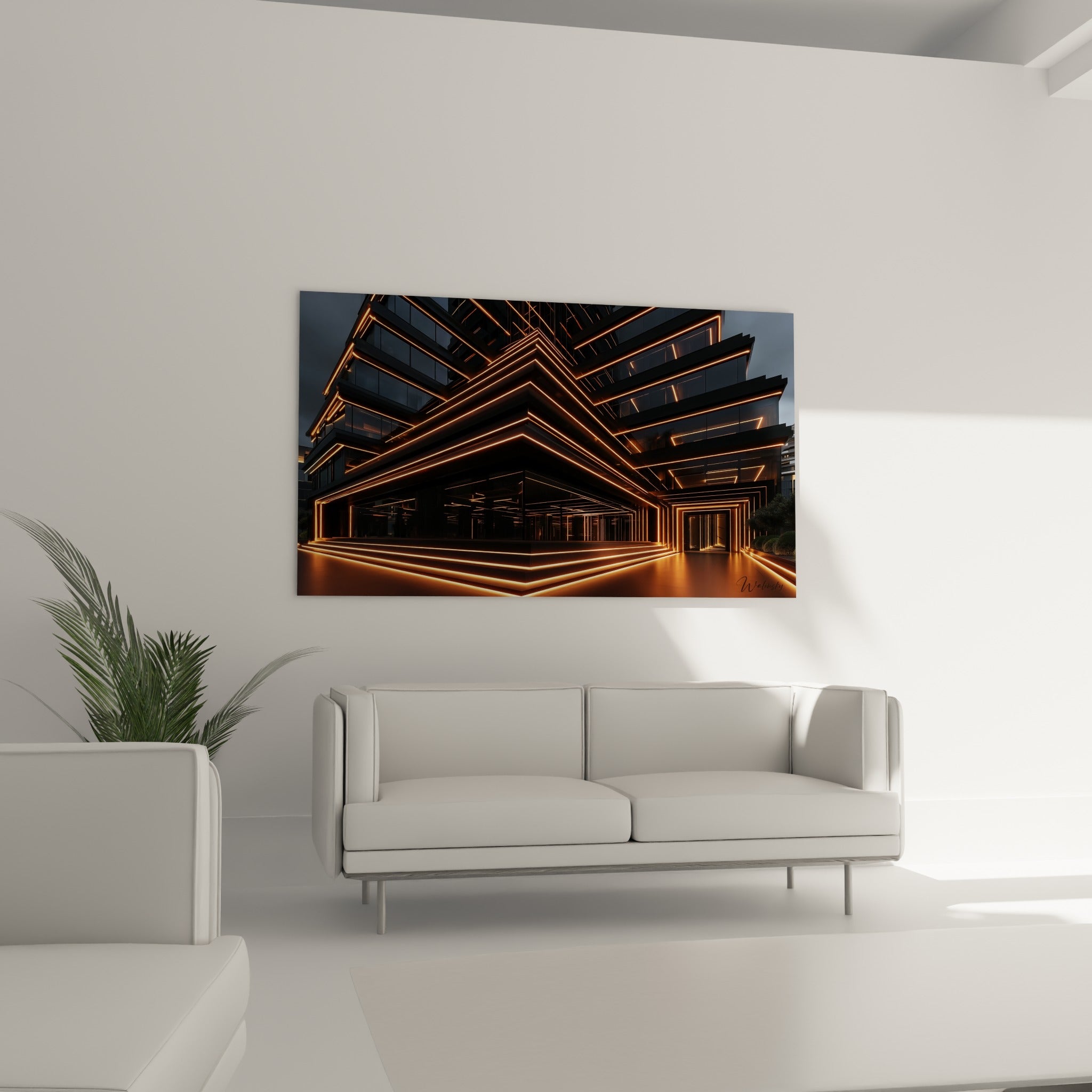 Lignes lumineuses cuivrées sur structure anthracite, tableau placé au-dessus d'un canapé dans un salon lumineux