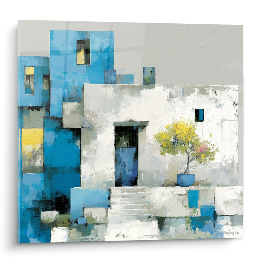 Blau-weißes zykladisches Hausbild – Mediterraner Stopp – Architektur Edition abstrakte Kunst