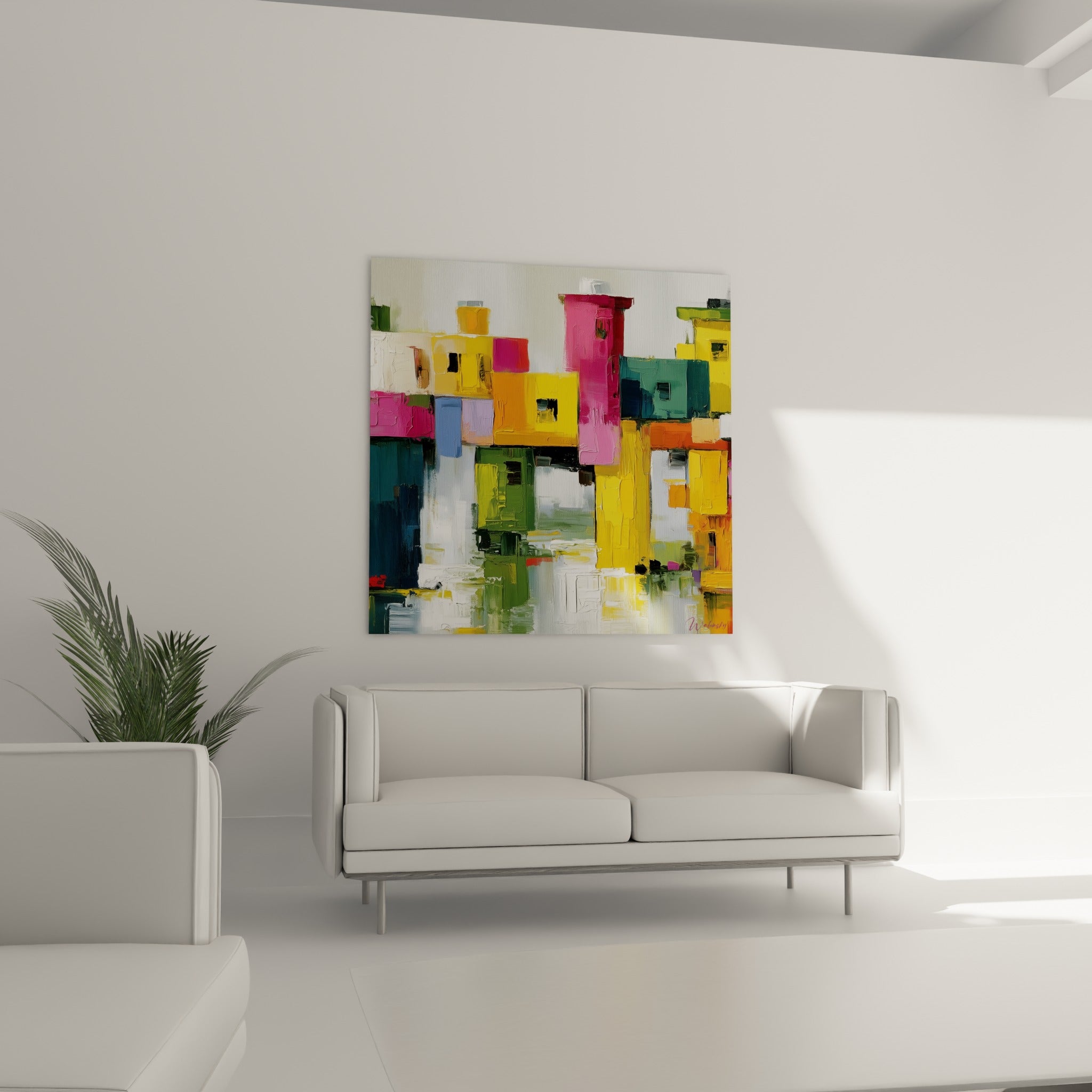 Maisons empilées jaune et rose fuchsia de cette architecture abstraite au-dessus d'un canapé dans un salon lumineux