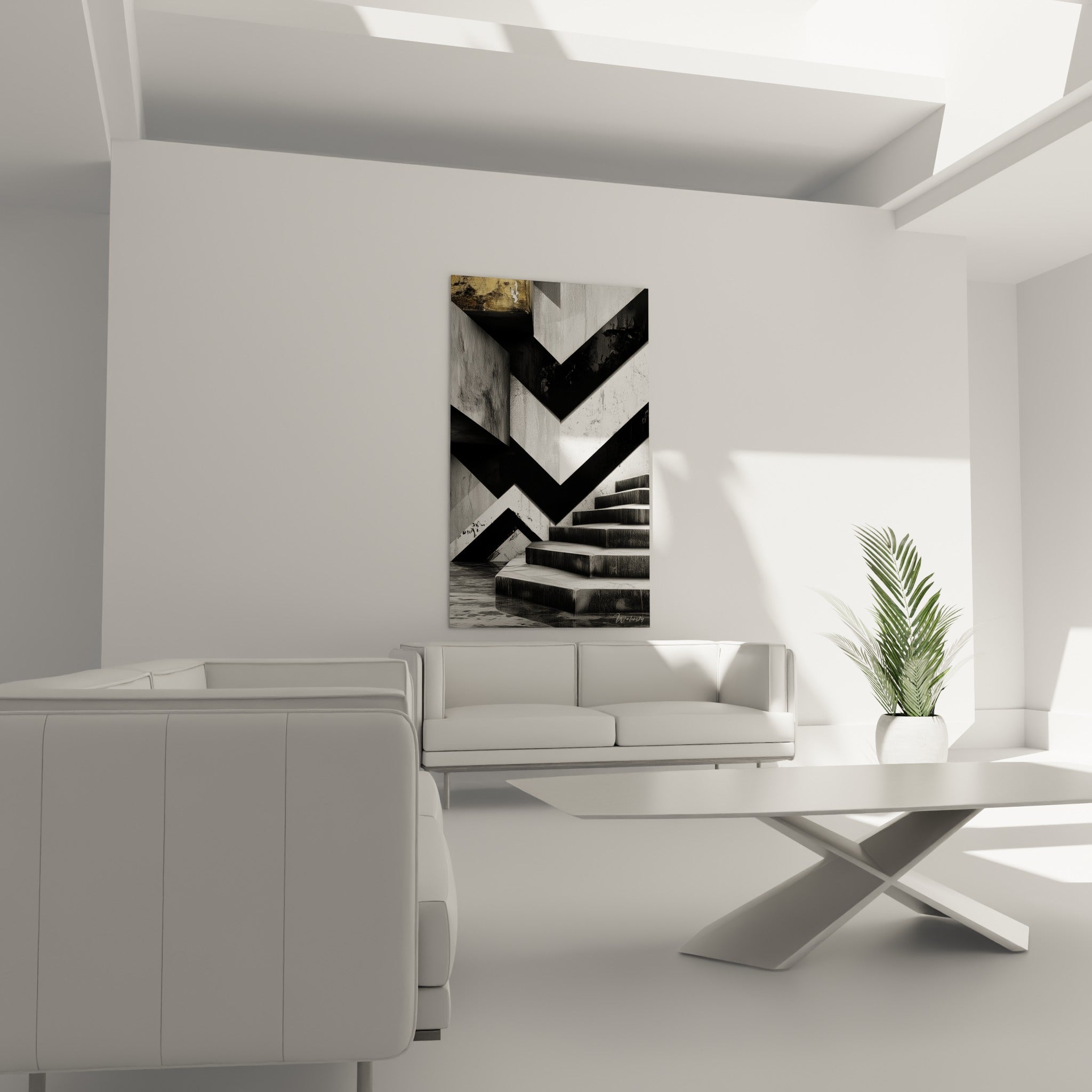 Zigzags noir et blanc traversés d'un éclat doré, tableau architecture abstraite au-dessus d'un canapé dans un salon lumineux