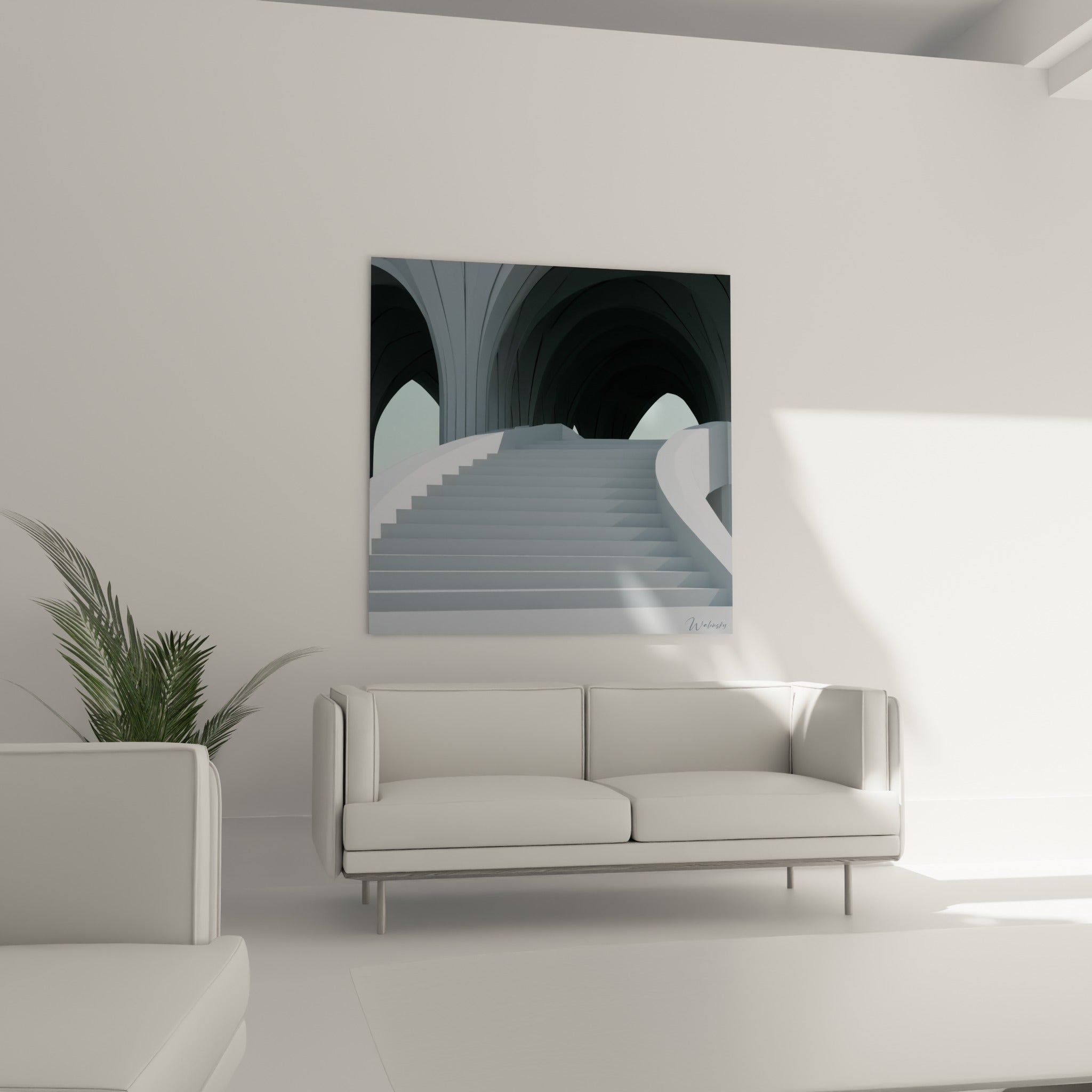 Perspective architecturale en gris anthracite et blanc, œuvre accrochée au-dessus d'un canapé dans un salon lumineux