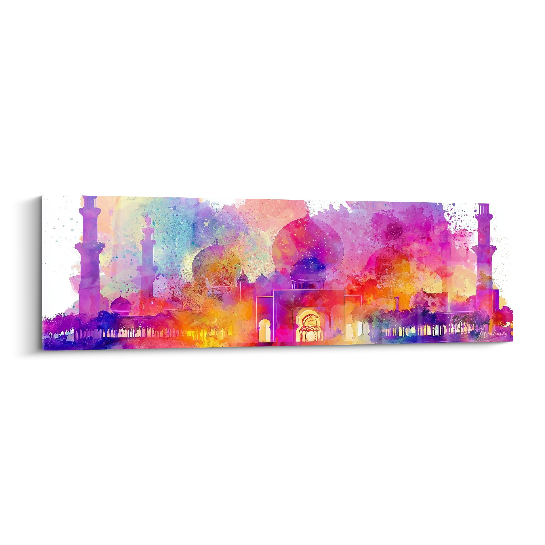 Mosquée aux dômes violet et rose intense, minarets élancés, traitement en aquarelle éclatée sur fond blanc