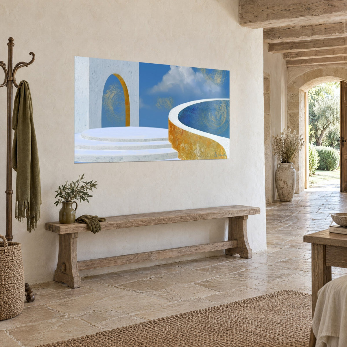 Tableau architecture surréaliste aux marches de marbre blanc et mur bleu cobalt, en vue de trois-quarts sur un mur de pierre