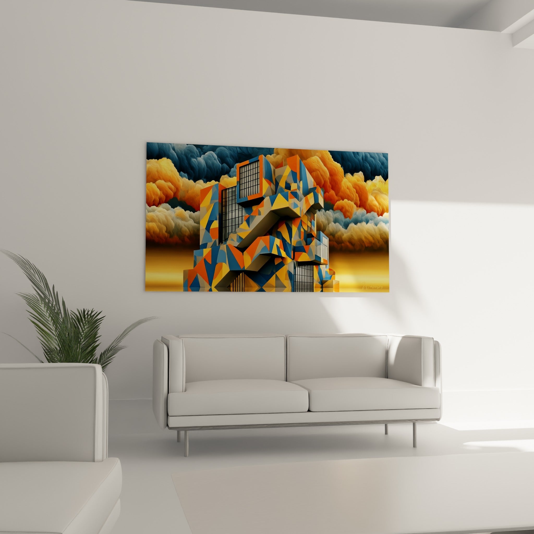 Édifice aux facettes triangulaires orange et anthracite, tableau architecture abstraite au-dessus d'un canapé dans un salon lumineux