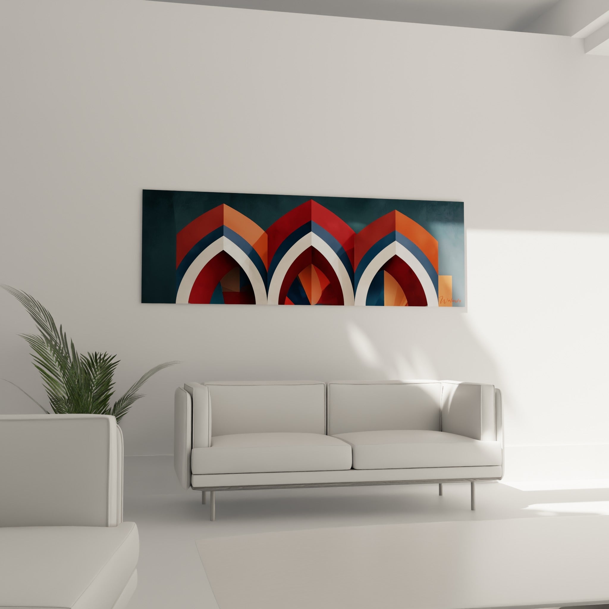 Voûtes ogivales rouge brique et bleu profond installées au-dessus d'un canapé dans un salon lumineux