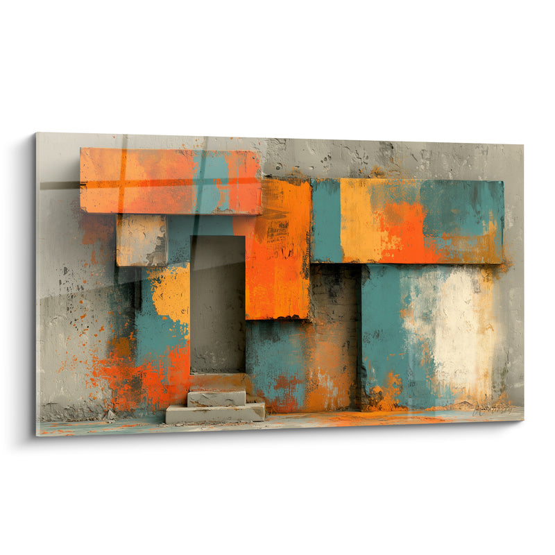 Tableau Façade orange et bleu sarcelle patinée - Vestige oublié - Edition Architecture abstrait