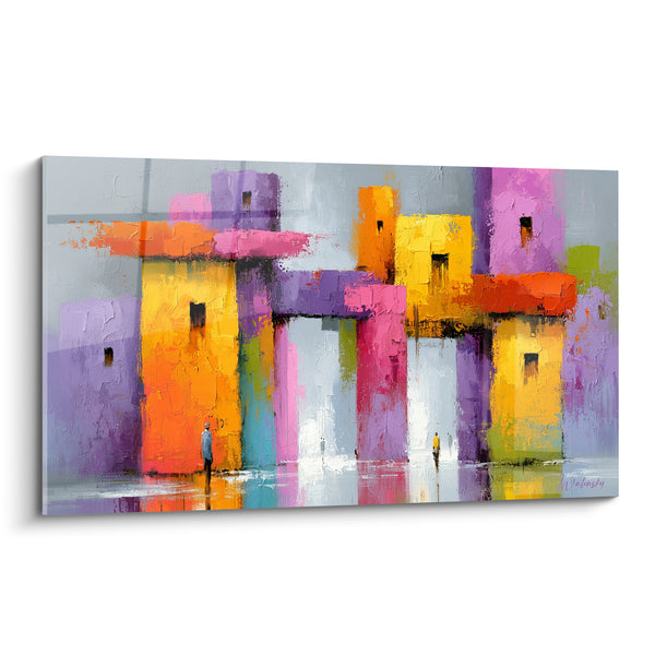 Cuadro Ciudad colorida con fachadas naranjas y violetas - Flânerie urbana - Edición Arquitectura abstracta