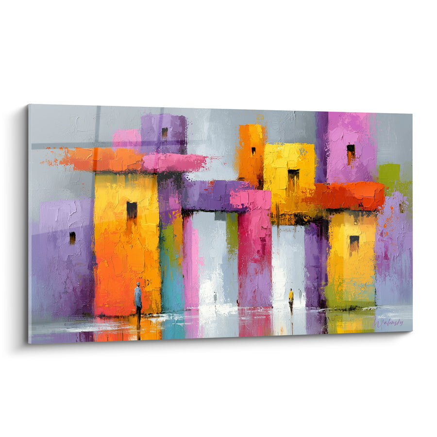 Gemälde Bunte Stadt mit Orange- und Violettfassaden - Stadterkundung - Architektur Edition Abstrakte