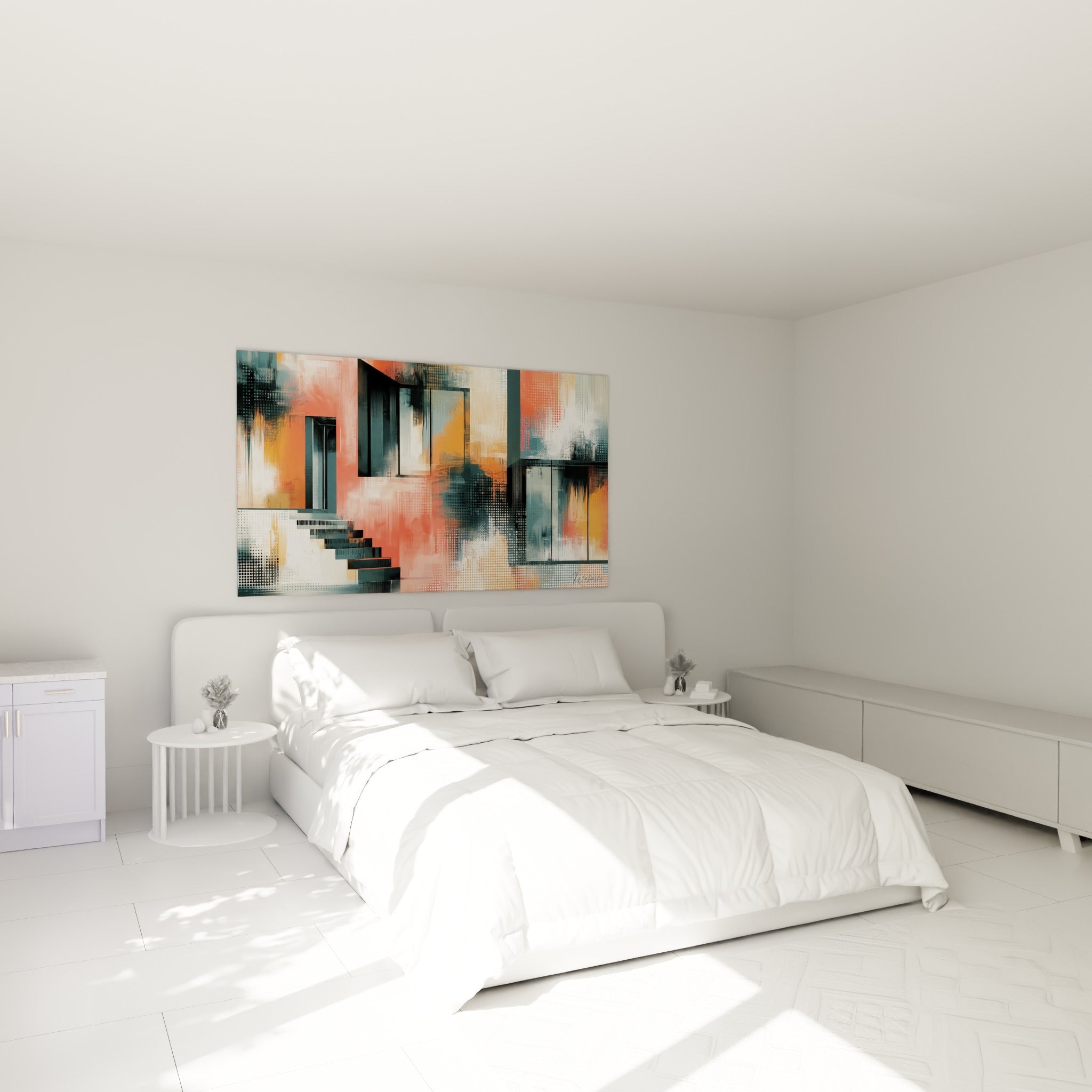 Compositions corail et bleu anthracite de ce tableau architecture abstraite au-dessus d'un lit dans une chambre claire