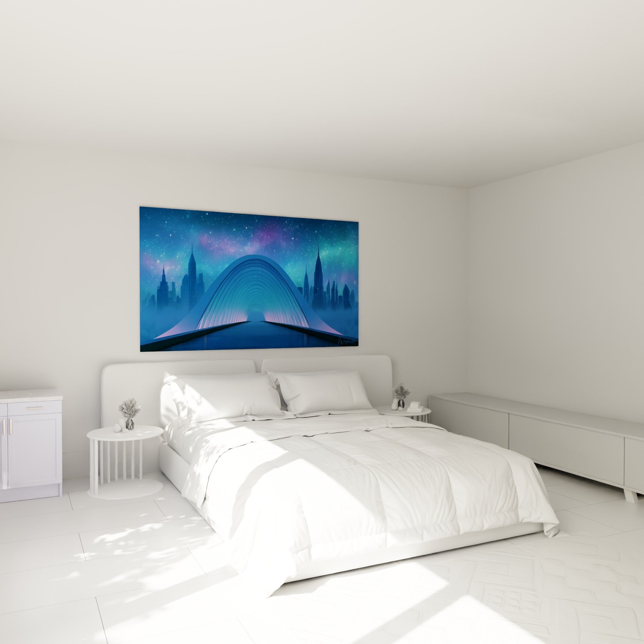 Arche bleue et rose traversant un ciel étoilé, tableau accroché au-dessus d'un lit dans une chambre claire