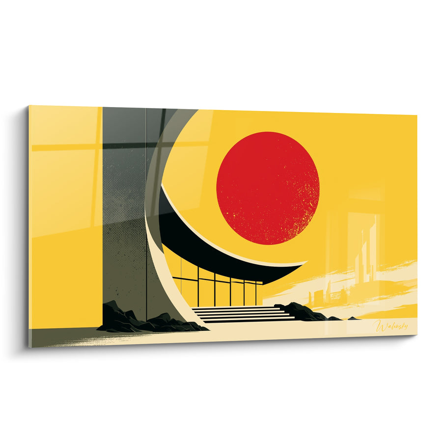 Tableau Pavillon jaune et noir au disque rouge - Marches et rochers sombres - Edition Architecture abstrait