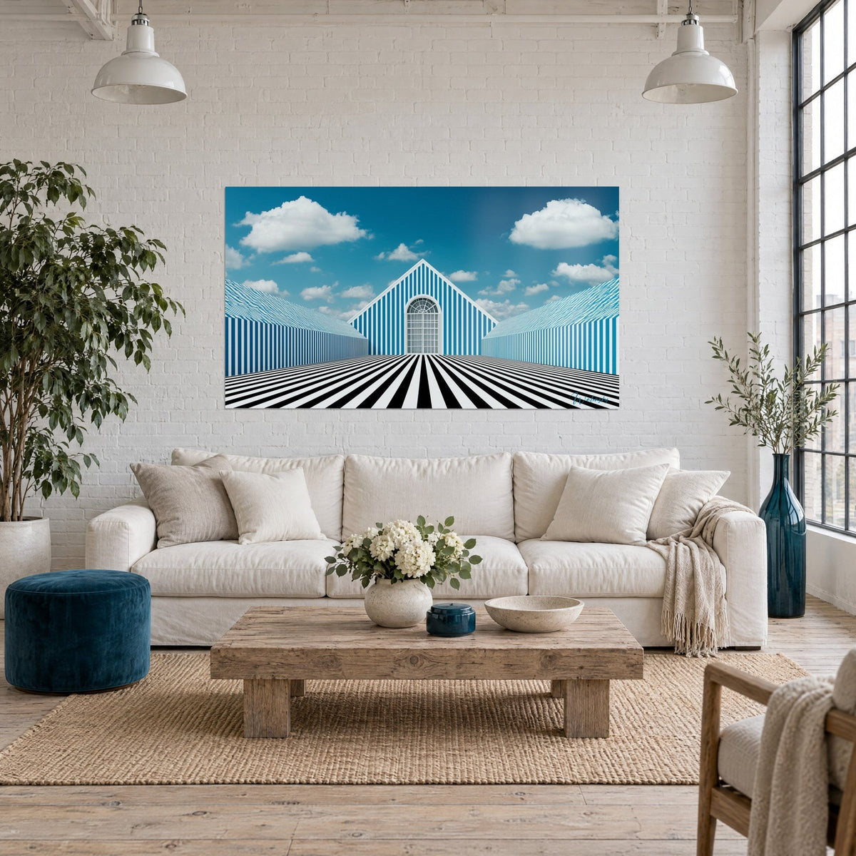 Gemälde mit blau-weiß gestreifter Giebelfassade unter bewölktem Himmel, schwarz-weißes Schachbrettmuster in Perspektive, über einem Sofa in einem hellen Wohnzimmer