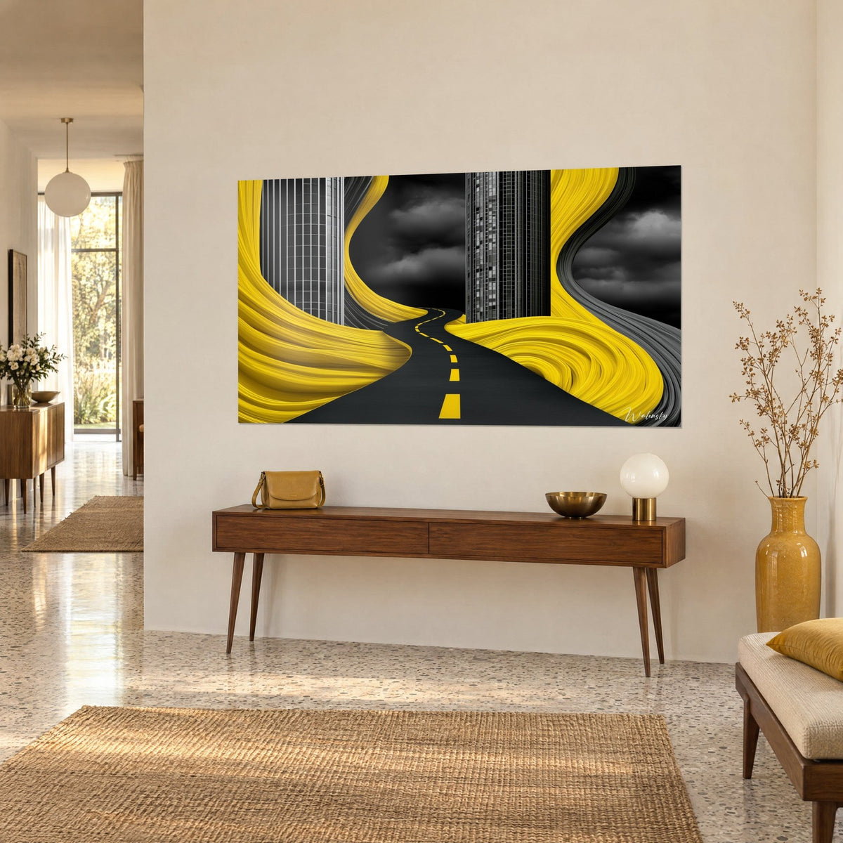 Tableau chaussée en lacets, tours de verre grises, courbes jaune citron et nuages anthracite, sur une console en bois