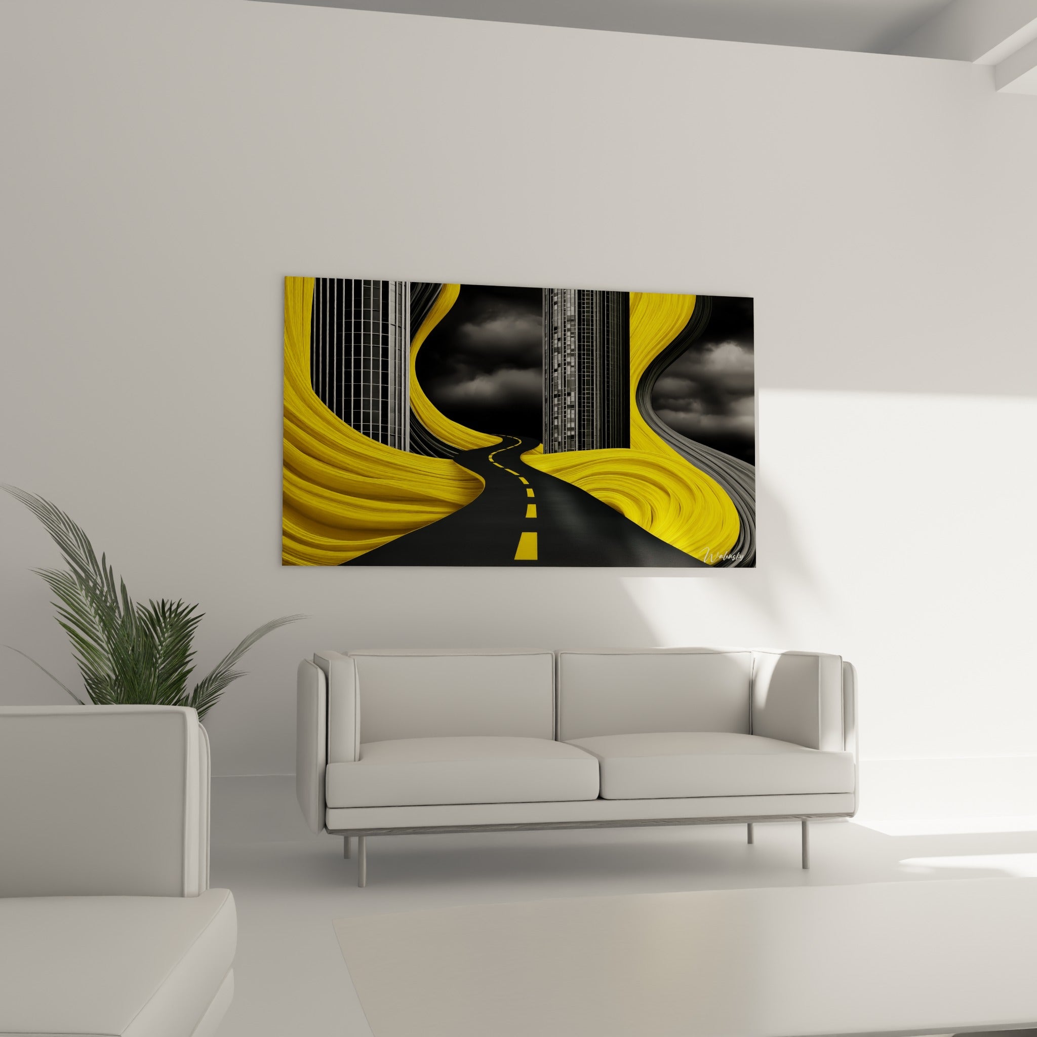 Perspective urbaine jaune vif et noire, tableau accroché au-dessus d'un canapé dans un salon lumineux