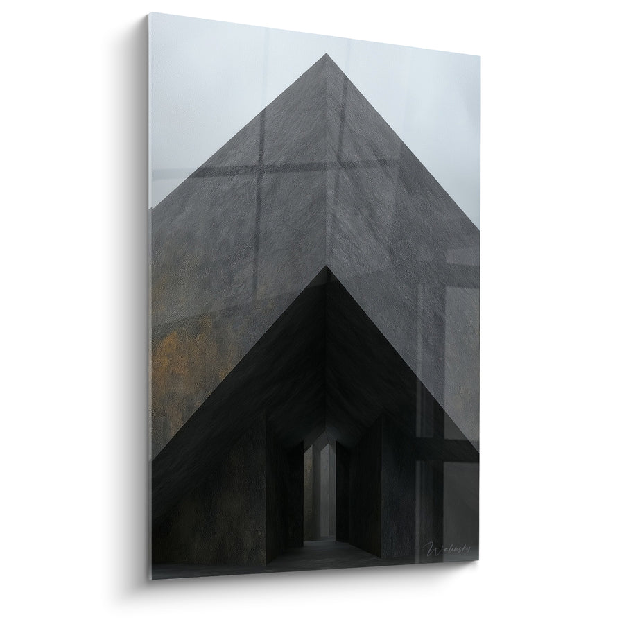 Dachbild-Gemälde Anthrazit und Ocker mit überlagerten Dreiecken - Stille Schwelle - Architektur abstrakte Edition