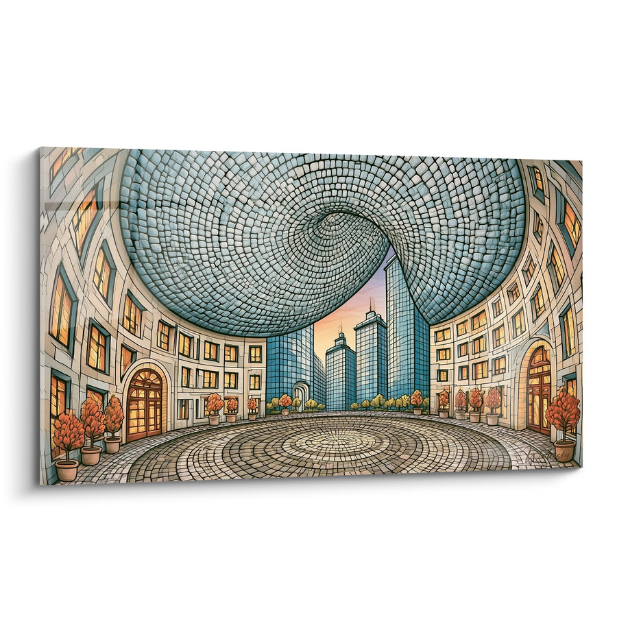 Tableau Tunnel pavé bleu et beige aux orangers en pots - Place circulaire vers gratte-ciel - Edition Architecture abstrait