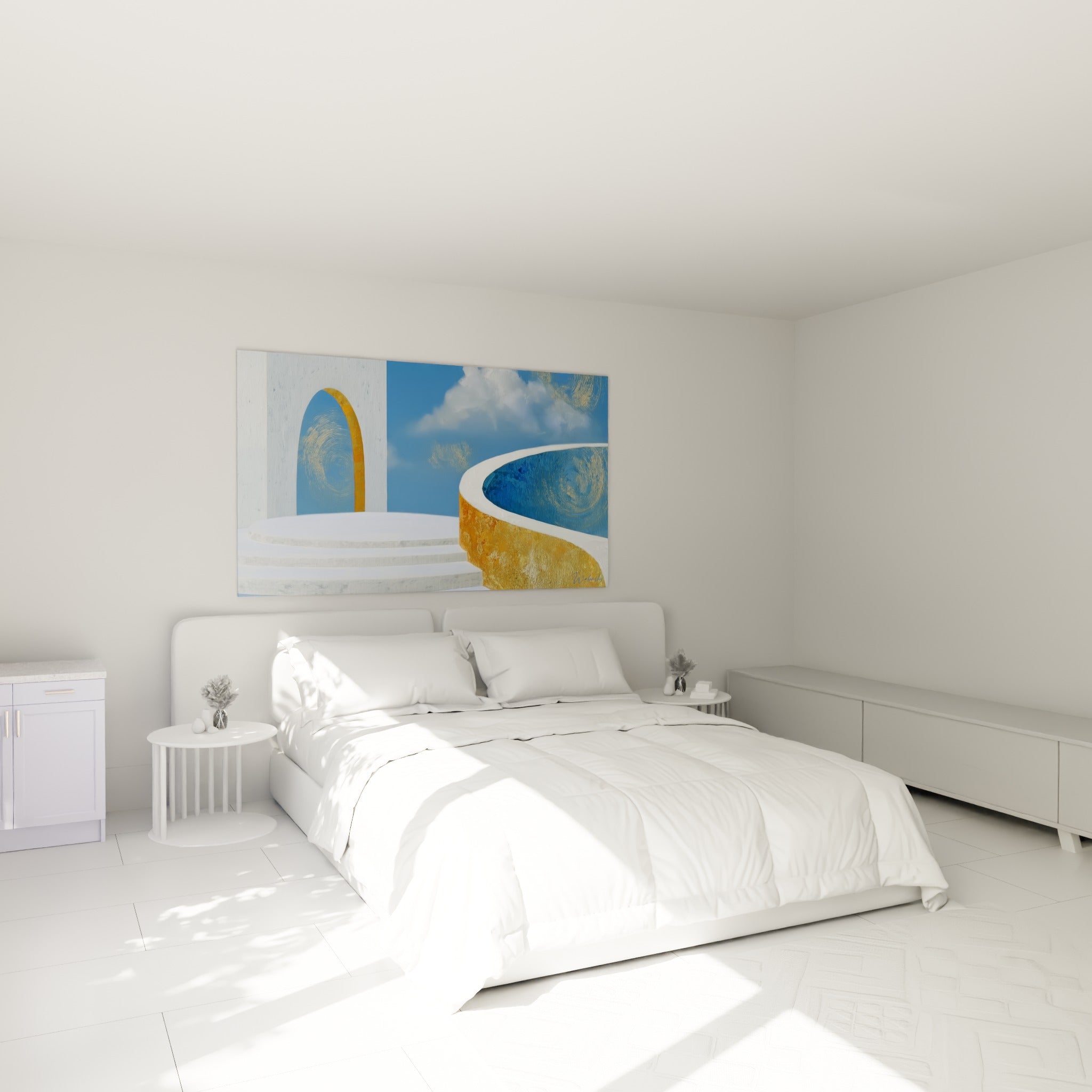Courbes dorées et plateforme blanche de l'architecture abstraite au-dessus d'un lit dans une chambre claire