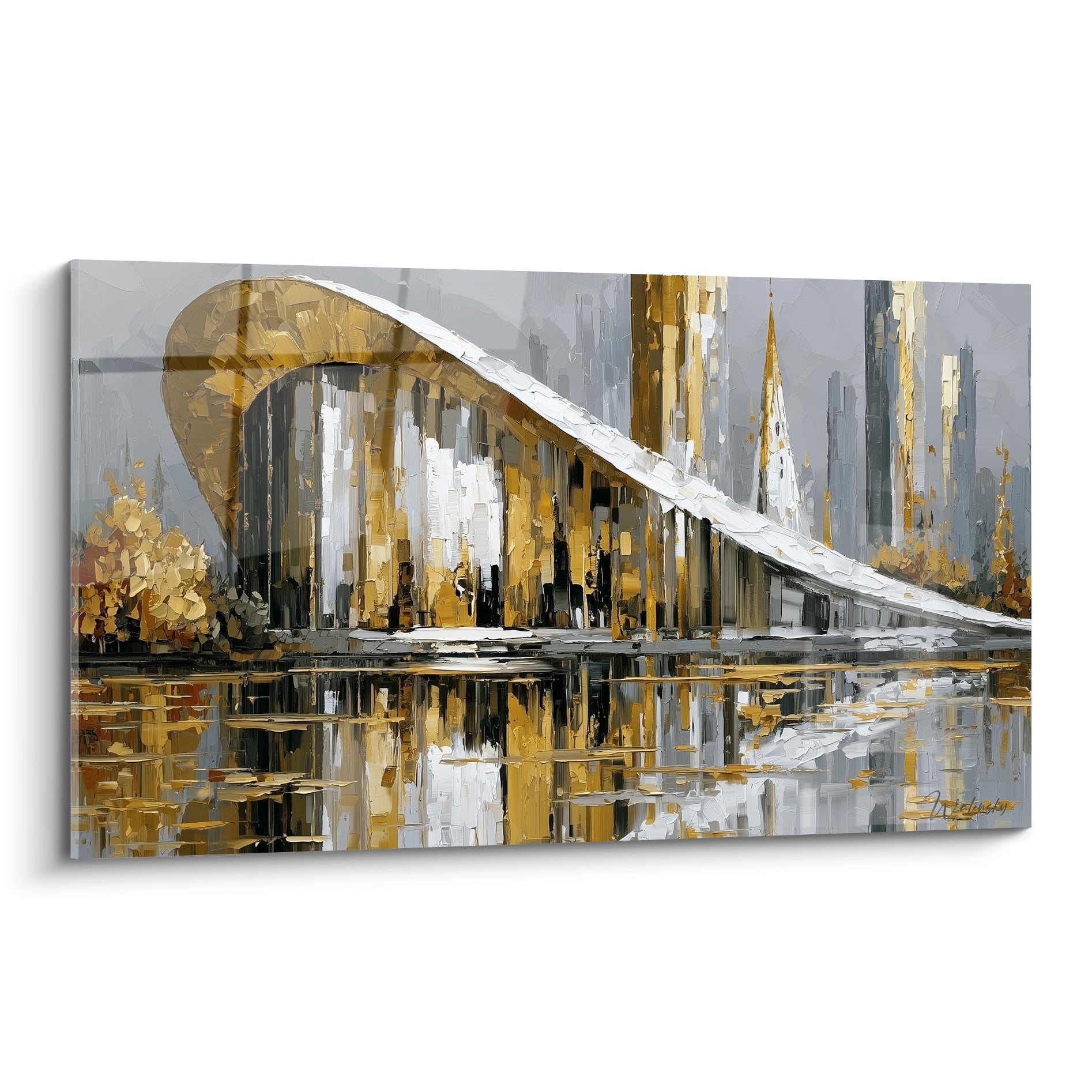 Pont doré et anthracite traversant une ville reflétée dans l'eau, tableau architecture abstraite texturé